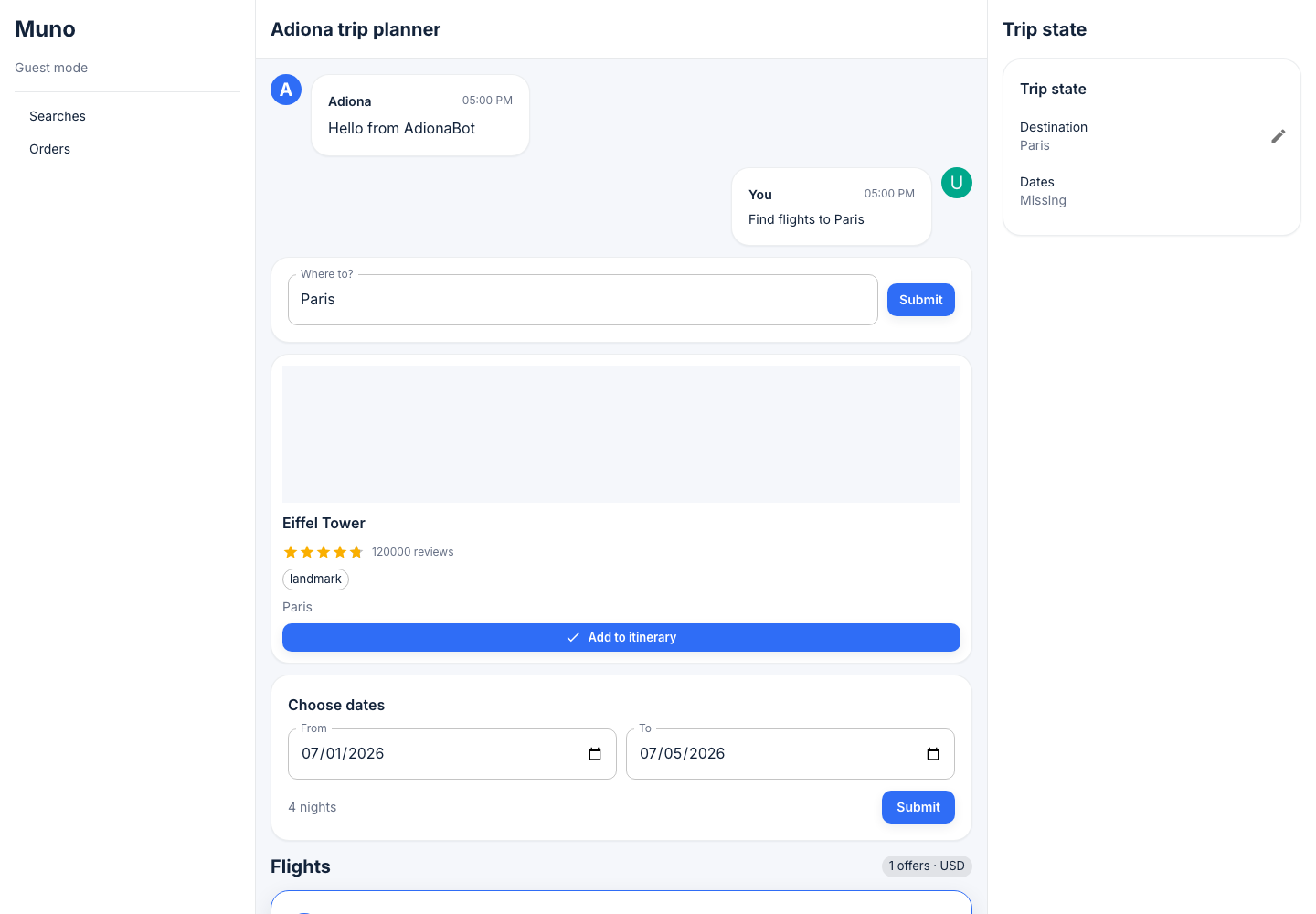 Muno trip planner chat start