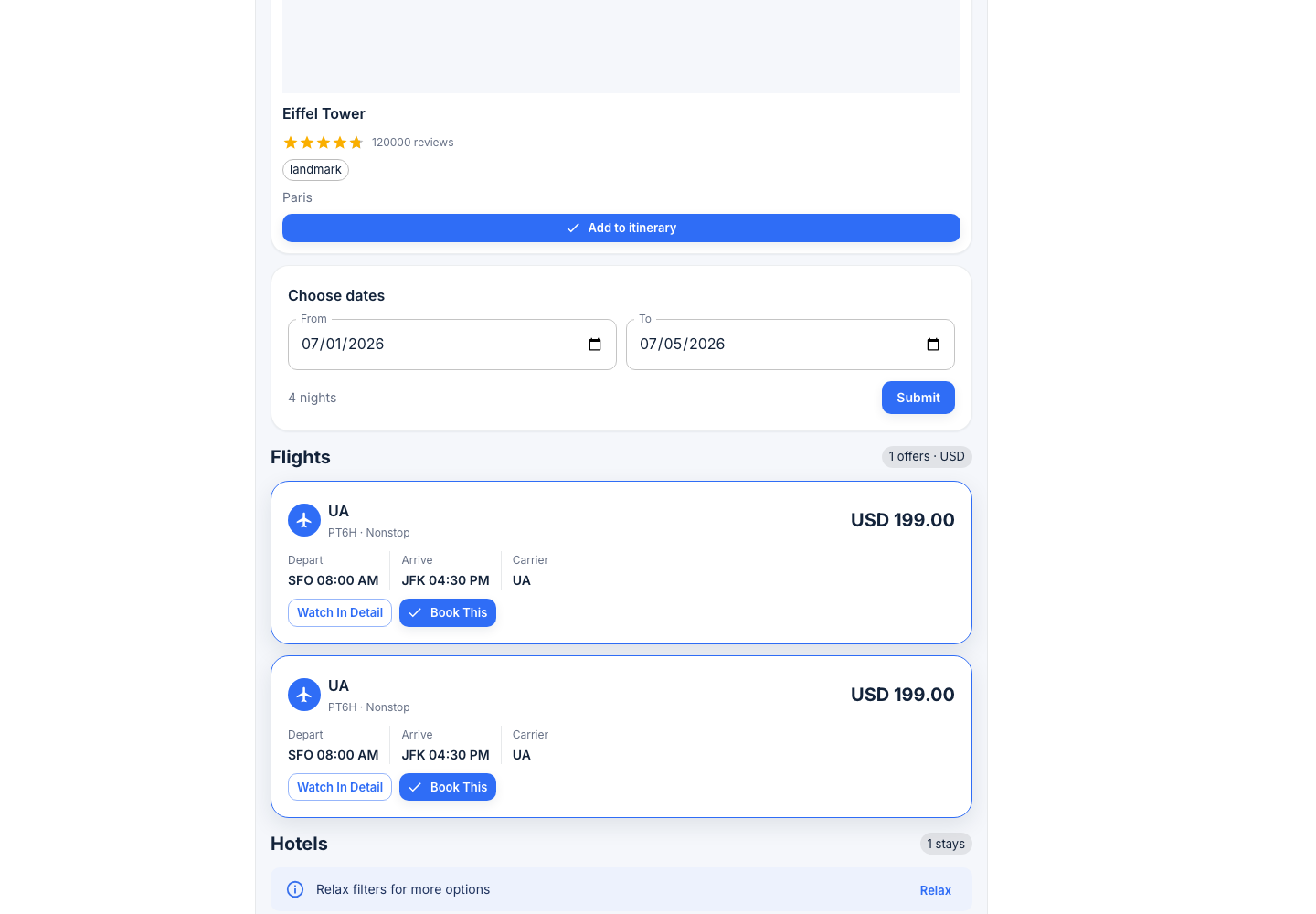 Flight search results