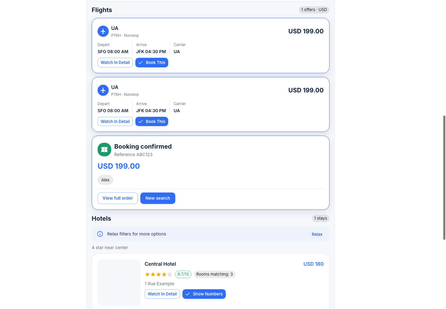 Picked flight and booking confirmation